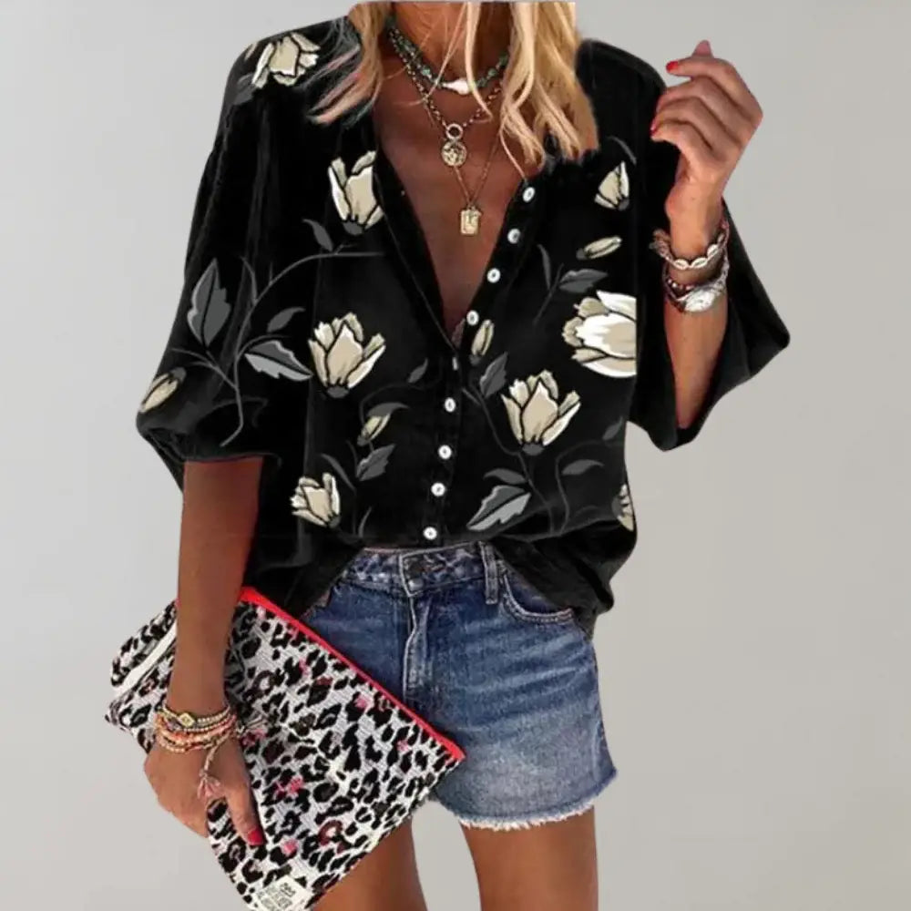 Stylish women’s blouse with floral pattern and trendy buttons