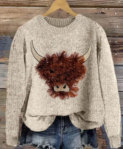 Imogen – Cozy Sweater with Charming Cow Embroidery Design