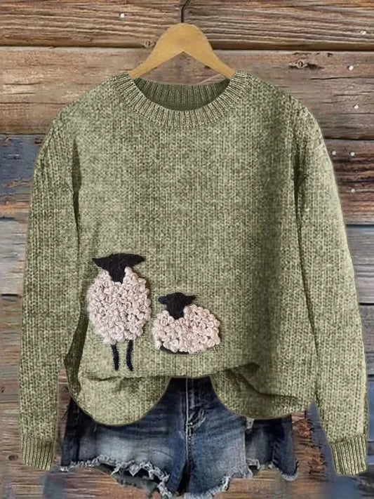 Casual sweater with charming farmhouse sheep embroidery design - Green / XS - Pullover