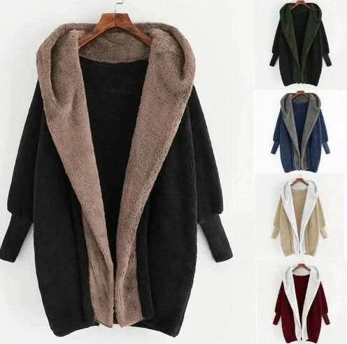 Charlottes - Women’s Plush Coloured Wool Blend Cardigan Coat With Hood And Loose Fit - Sweater