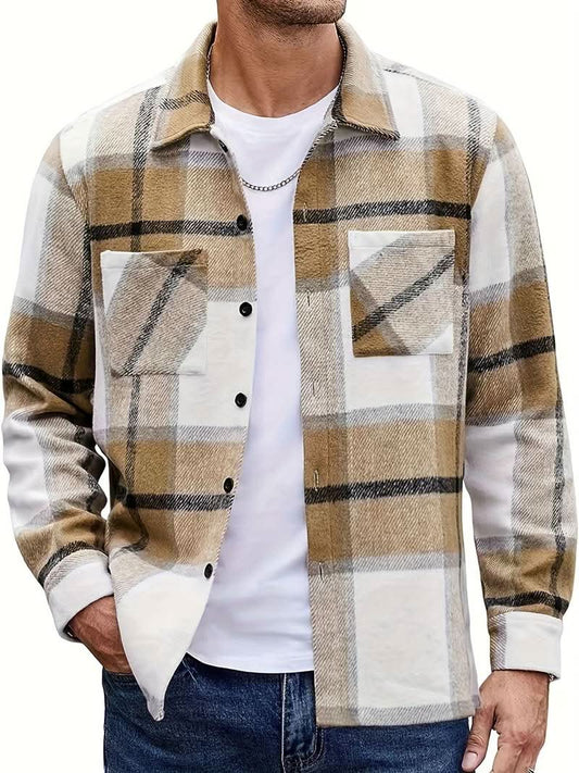 David – Long Sleeve Checkered Shirt for Men with Fashionable Button-Down Design - Khaki / XS - Shirts