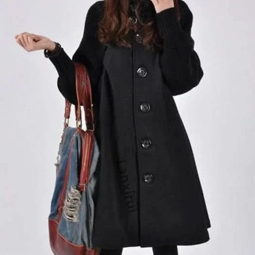 Elegant Patchwork Coat ’Louise’ with High Collar and Long Sleeves - Black / XS - Trenchcoat