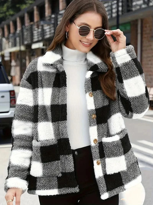 Elegant plaid teddy coat with stylish patches for women - Zoey Collection - Black / XS - Coats & Jackets