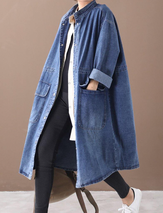 FRIEDA - Cozy long jacket for cold autumn and winter days - Blue / XS