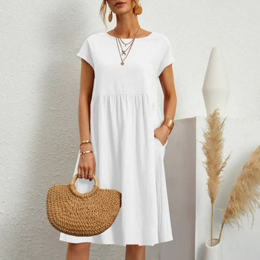 Hannah – Elegant Cotton Dress for Women with Stylish Round Neckline - White / XS - Long dress