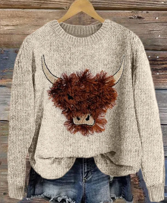 Imogen – Cozy Sweater with Charming Cow Embroidery Design - Light Khaki / XS - Sweater