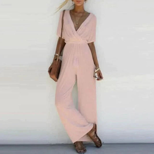 Jesse - Elegant women’s jumpsuit with V-neck - Pink / S - Long Dress