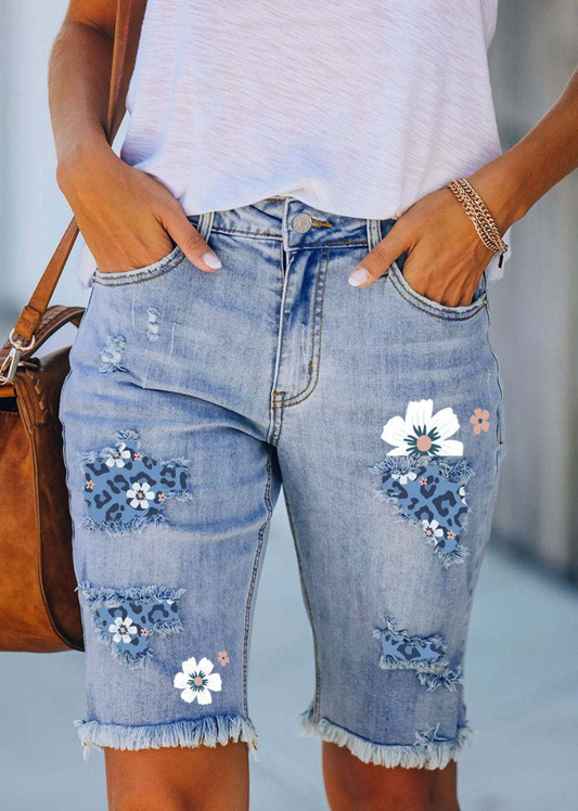 JUDY - Bequeme kurze Jeans Hose mit stylischem Blumen Design - S - Jeans