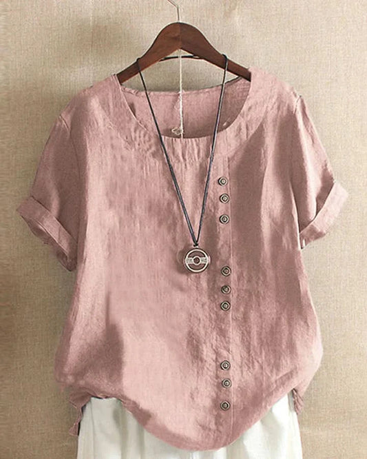 Kelly – Stylish Short-Sleeve Blouse in Solid Color with Round Neckline - Pink / XS - Shirts