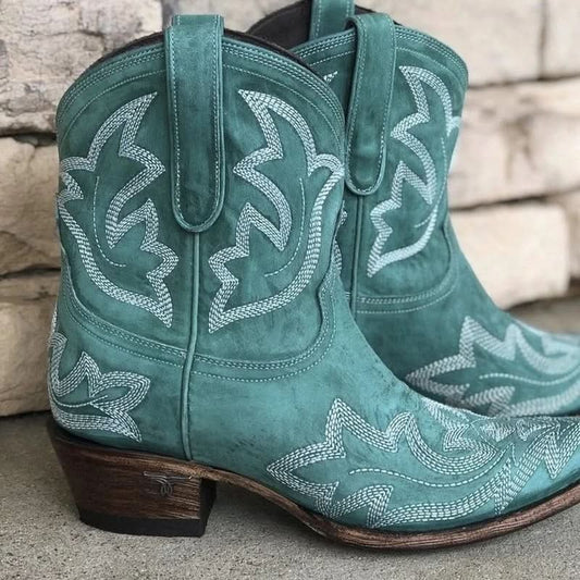 Lina - Elegant Leather Cowboy Boots with Artistic Embroidery Design - Green / 36 - Boots