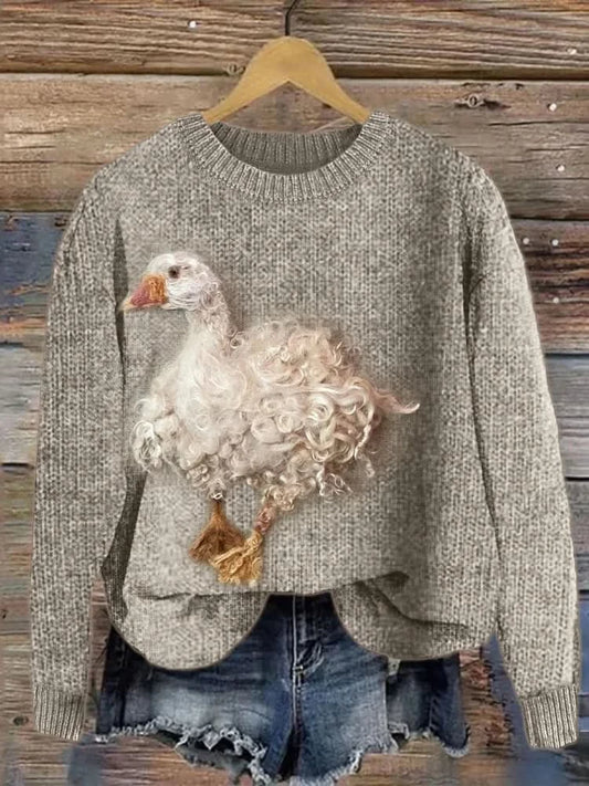 Linnea - Cozy Sweater in Charming Duck Design - Light Coffee / XS - Pullover