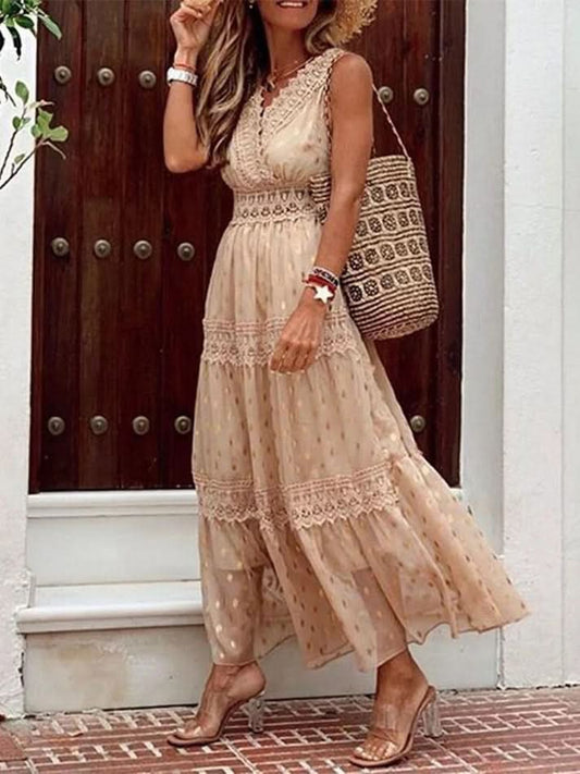 Nina – elegant long dress with ruffles - Khaki / XS - Long dress