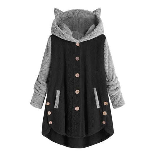 Nina - Women’s Fleece Sweatshirt with Cute Cat Ears and Fashionable Contrast Sleeves - Schwarz / XS - Hoodies