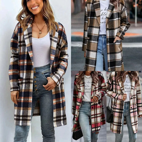 Olivias - Women’s Loose Fit Checked Wool Coat With Lapel Pocket