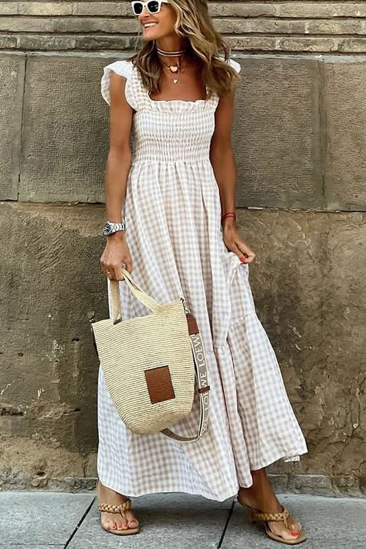 Rosie – Elegant Checked Maxi Dress for a Trendy Look - Khaki / XS - Long dress