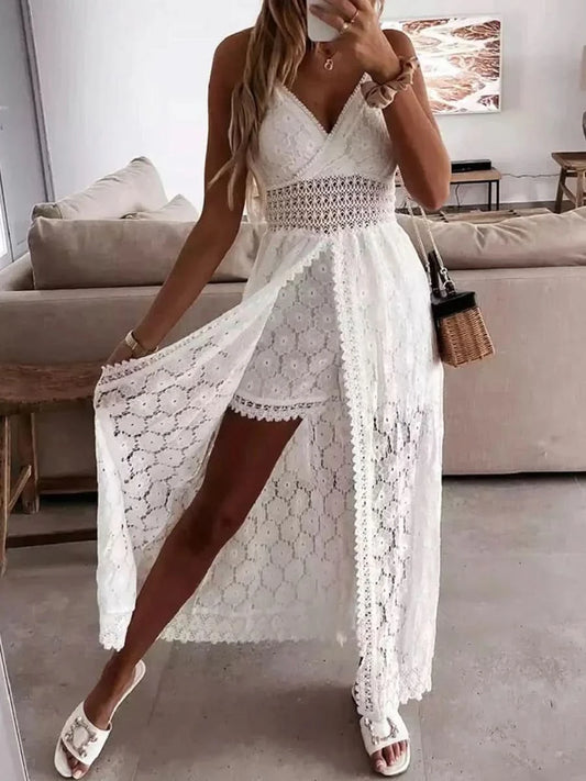 SABRINA - Unique summer lace dress with integrated shorts - White / S - Long Dress