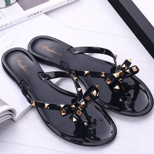 studded bow knot flip-flops sandals - Black / 36 - Sandalen