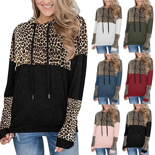 Stylish Urban Leopard Print Spliced Long Sleeve Hoodie for Women - Cozy and Chic! - Hoodie