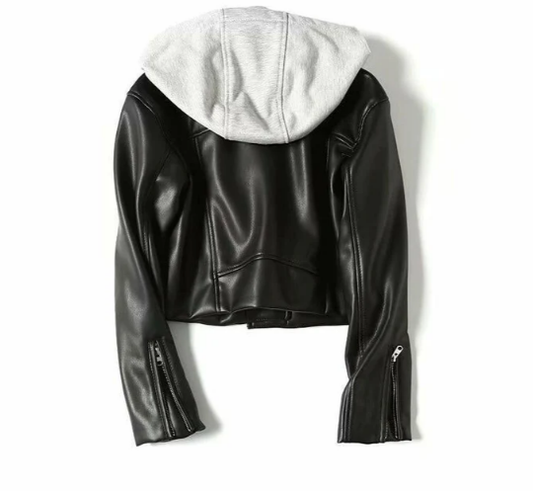 Stylish women’s leather jacket with hood by Kaila - Leather jacket