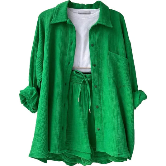 Sussie – Elegant Cotton Suit for Women - Green / XS - Cardigan