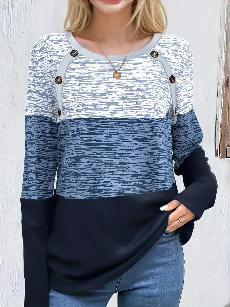 Jennifer – Trendy Long Sleeve T-Shirt with Color Block Design and Round Neckline