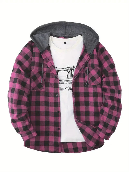 Victor – Stylish Checked Sweater Shirt for Men - Rose Red / XS - Hooded jacket