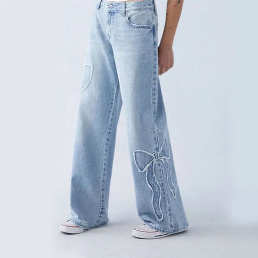 Wiga - Denim Pants with Elegant Bow Embroidery - Jeans