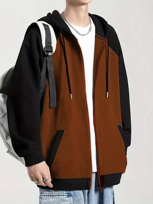 Yannick – Stylish Color Block Zip-Up Hoodie for Men - Coffee / XS - Hooded jacket